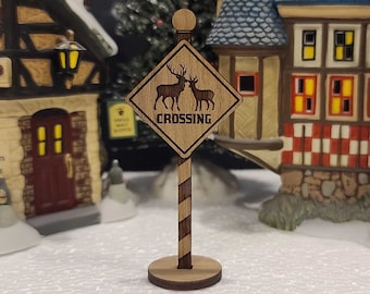 Caution Deer Crossing Christmas Village Sign, Engraved Wooden Deer Crossing Sign, Christmas Village Accessories, Miniature Village Sign