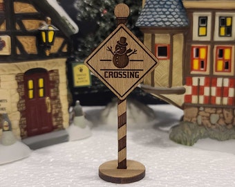 Snowman Crossing Christmas Village Sign, Engraved Wooden Snowman Crossing Sign, Christmas Village Accessories, Miniature Village Sign