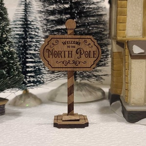 North Pole Christmas Village Sign, Engraved Wooden North Pole Sign, Christmas Village Accessories, Miniature Village Sign