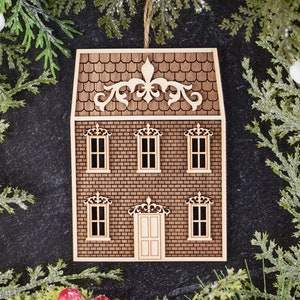 Miniature Fleur de Lis House Christmas Ornament, Victorian House Ornament, Collectible House Christmas Ornament, Two Tone Wood House