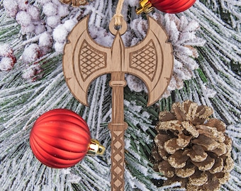 Viking Axe Wooden Christmas Ornament - Engraved Wood Ornament, Viking Christmas Ornament, Medieval Double Headed Axe Ornament, Viking Decor