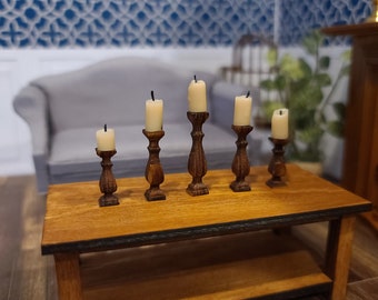 Miniature Candle Holders with Pillar Candles, 1:12 scale Candles, Miniature Dollhouse Accessories, Decor for Farmhouse, Traditional, Modern