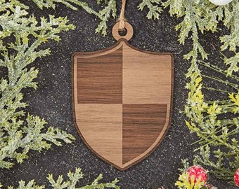 Medieval Quartered Shield Christmas Ornament, Engraved Wood Ornament, Medieval Ornament, Personalized Wooden Ornament, Medieval Shield