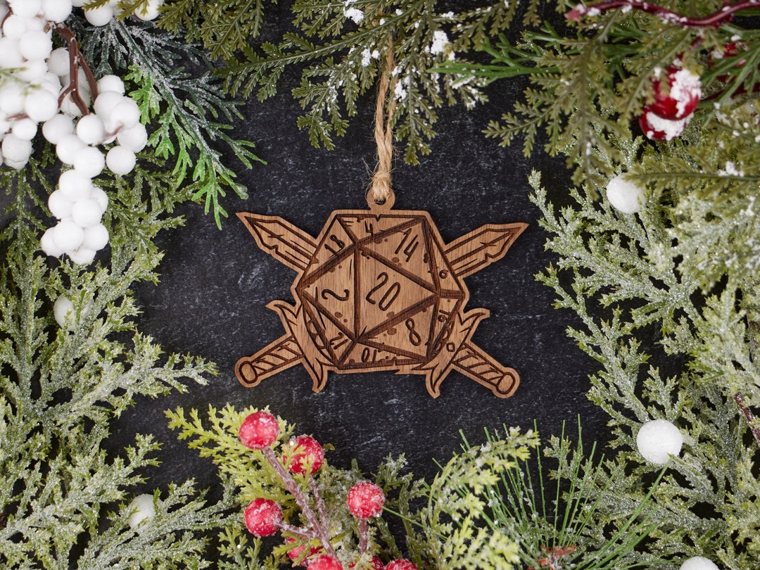 Dnd Fighter D20 Wooden Christmas Ornament, 20 Sided Die Ornament