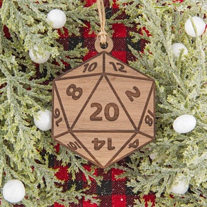 D20 Wooden Christmas Ornament, 20 Sided Die Ornament, DnD, Dungeons and Dragons Ornament, Roleplay Gamer Ornament, RPG Custom Ornament, Dice
