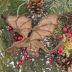 Medieval Dragon Christmas Ornament - Engraved Wood Ornament, Fantasy Christmas Ornament, Medieval Ornament, Wooden Christmas Ornament