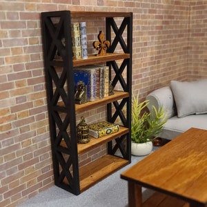 Miniature Wooden X Bookcase for dollhouses, 1:12 Scale, Miniature Book Shelf, Modern Dollhouse, Dollhouse Furniture, Dollhouse Bookcases