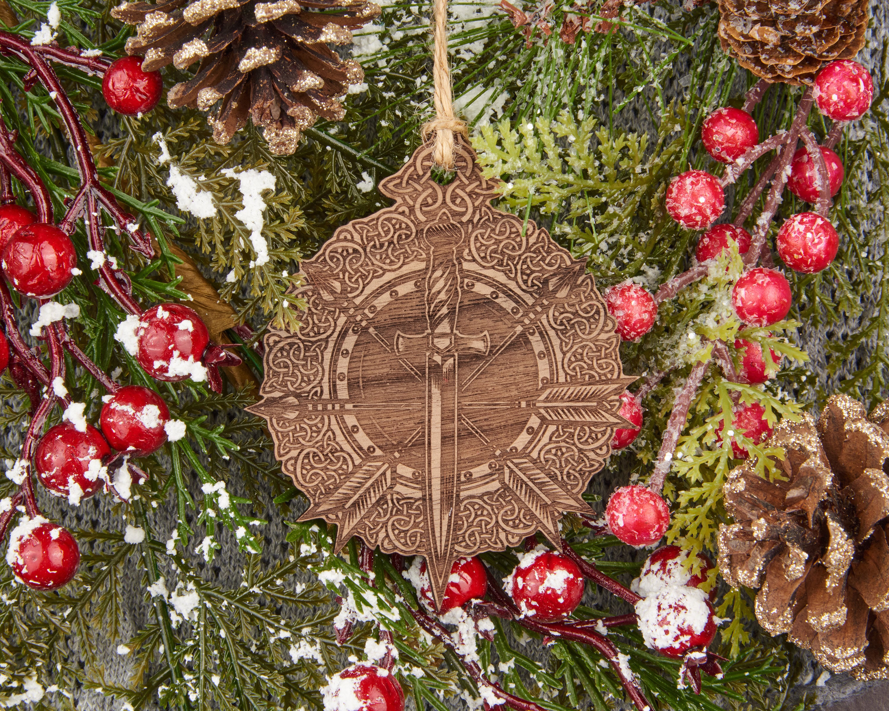 Medieval Weapons Wooden Christmas Ornament - Engraved Wood