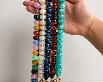 Gold Heart Pendant Beaded Necklace, Gemstone Statement Jewelry