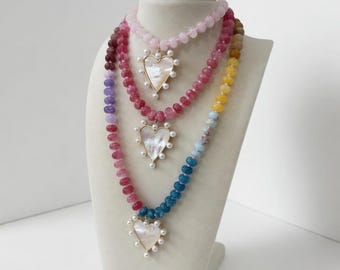 Heart Pendant Beaded Necklace Mother of Pearl Gemstone Jewelry