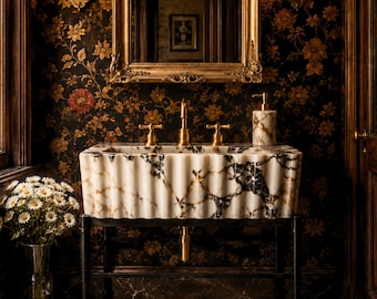 May include: A bathroom vanity featuring a fluted white and black marble sink basin supported by a black metal frame. The setup includes gold-toned faucets, a matching marble soap dispenser, and a large gold-framed mirror mounted on dark floral wallpaper.