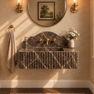 May include: A wall-mounted brown marble sink with a fluted front, featuring a brass faucet and handles. Above the sink is a round brass-framed mirror, two brass wall sconces, a soap dispenser, a vase with flowers, and a towel on a ring.