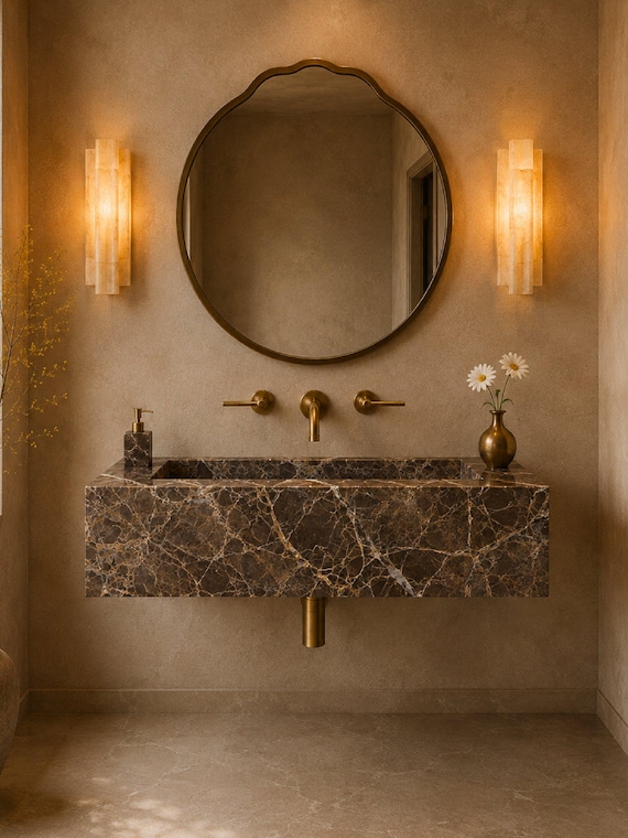 Dark Emperador Marble Sink, Wall Mounted Bathroom Vanity, Custom Brown Marble Basin