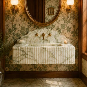 May include: A wall-mounted white and green marble sink featuring a fluted front design, a scalloped backsplash, and brass fixtures. The sink is positioned beneath a large oval mirror with a gold frame and two brass wall sconces with glass globes.