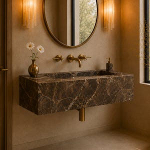 May include: A wall-mounted rectangular bathroom sink crafted from dark brown marble with prominent white veining. It features a brass wall-mounted faucet with two cross-handle controls, a brass drain pipe, a brass soap dispenser, and a small brass vase with two white daisies.