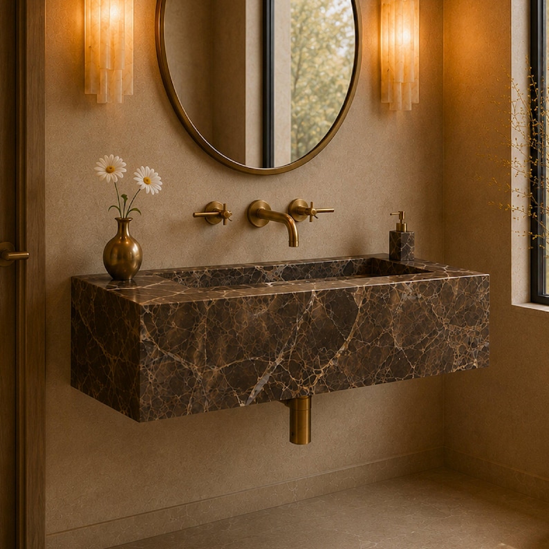 May include: A wall-mounted rectangular bathroom sink crafted from dark brown marble with prominent white veining. It features a brass wall-mounted faucet with two cross-handle controls, a brass drain pipe, a brass soap dispenser, and a small brass vase with two white daisies.