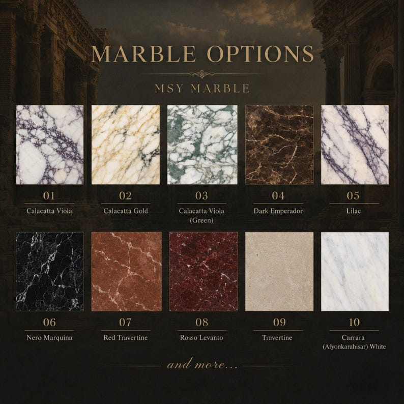 May include: A display chart titled MARBLE OPTIONS by MSY MARBLE featuring ten square samples of stone. The samples include Calacatta Viola, Calacatta Gold, Calacatta Viola (Green), Dark Emperador, Lilac, Nero Marquina, Red Travertine, Rosso Levanto, Travertine, and Carrara (Afyonkarahisar) White.
