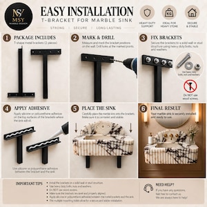 May include: An instructional graphic for installing a T-bracket for a marble sink. The image displays six steps including package contents, drilling, fixing brackets with heavy-duty bolts, applying adhesive, placing the sink, and the final result.