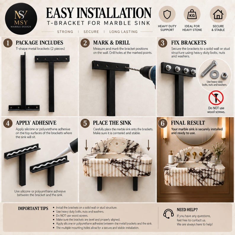 May include: An instructional graphic for installing a T-bracket for a marble sink. The image displays six steps including package contents, drilling, fixing brackets with heavy-duty bolts, applying adhesive, placing the sink, and the final result.