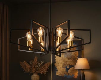 Modern Geometric Chandelier Black Gold, Industrial Ceiling Light Fixture, Dining Room Lighting, Living Room Decor, Edison Bulb Chandelier