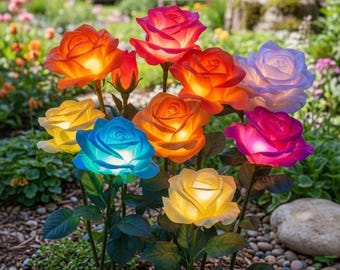 Luces solares con forma de flor para exteriores – Juego de 5 luces impermeables para jardín – Flores LED con energía solar – Decoración para patio y terraza – Iluminación multicolor