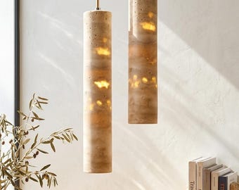 Travertine Pendant Light Cylinder – Wabi Sabi Japandi Stone Lamp, Natural Beige Hanging Light, Kitchen Island Bedside Minimalist Lighting