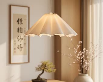 Wabi Sabi Pendant Light – Pleated Linen Japandi Ceiling Lamp – Scandinavian Fabric Hanging Lamp – Minimalist Dining Room Lighting