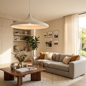 Lámpara colgante Wabi Sabi grande – Lámpara de techo tipo disco Japandi, acabado texturizado en arena, iluminación minimalista de gran tamaño, lámpara decorativa para el comedor.