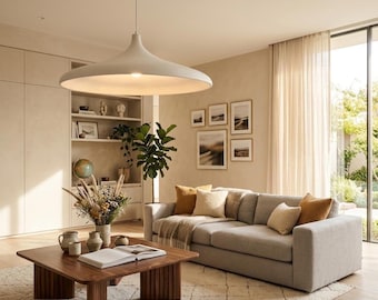 Lámpara colgante Wabi Sabi grande – Lámpara de techo tipo disco Japandi, acabado texturizado en arena, iluminación minimalista de gran tamaño, lámpara decorativa para el comedor.