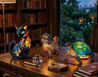 Veilleuse en résine animale - lampe chat chien tortue, lampe de table teintée, lampe de chevet colorée, cadeau déco animal mignon