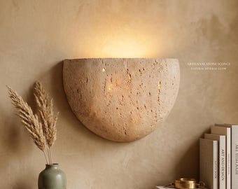 Natural Travertine Wall Light – LED Up Down Wall Sconce, Japandi Minimalist Stone Lamp, Modern Bedroom Hallway Lighting
