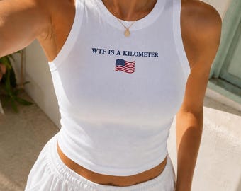 Embroidered WTF Is A Kilometer Y2K Baby Tee and Tank Top, Women's Y2K T-Shirts, Trendy Graphic Tee TankTop,Retro Graphic Tank Top