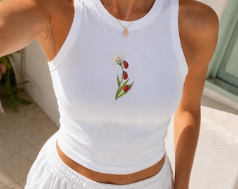 Embroidered Ladybug Baby Tee and Tank Top, Women's Y2K T-Shirts, Trendy Graphic Tee Tank Top, Retro Graphic Tank Top