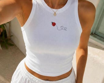 Embroidered Ladybug Baby Tee and Tank Top, Women's Y2K T-Shirts, Trendy Graphic Tee Tank Top, Retro Graphic Tank Top