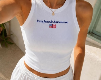 Embroidered Loves Jesus and America Too Baby Tee and Tank Top, Women's Y2K T-Shirts, Trendy Graphic Tee Tank Top, Retro Graphic Tank Top
