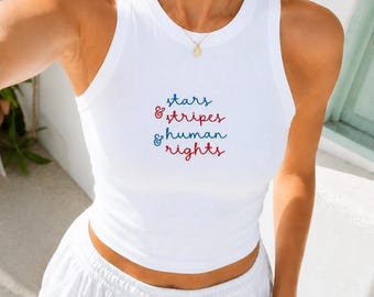 Embroidered Stars Stripes Human Rights Baby Tee and Tank Top, Women's Y2K T-Shirts, Trendy Graphic Tee TankTop, Retro Graphic