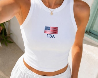 Embroidered American Flag Baby Tee and Tank Top, Women's Y2K T-Shirts, Trendy Graphic Tee TankTop, Retro Graphic
