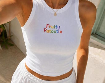 Embroidered Fruity Patootie Baby Tee and Tank Top, Women's Y2K T-Shirts, Trendy Graphic Tee TankTop,Retro Graphic Tank Top