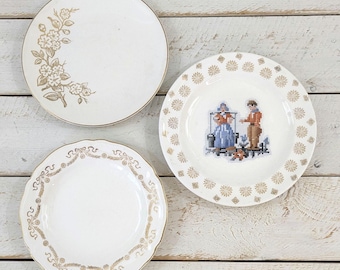 Vintage Mismatched Mini Plate Set Gold Trim Farmer & Wife Decorative Plates Set of 3