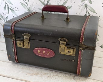 Vintage White Brand Train Case Gray Blue Vanity Case Makeup Case Travel Case