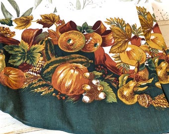 Vintage Oval Fall Tablecloth 60x80 Thanksgiving Harvest Pumpkins Autumn Leaves Indian Corn Green Border Table Linen