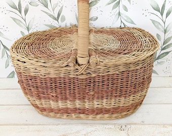 Vintage Wicker Picnic Basket Double Lid Split Top Woven Storage Basket Farmhouse Cottage Decor