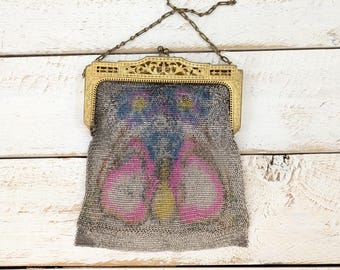 Antique 1920s Whiting & Davis Painted Mesh Purse Art Deco Floral Flapper Evening Bag Signed Frame