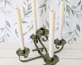 Vintage 5 Arm Candelabra: Olive Green Candle HolderMetal Mid Century Table Decor