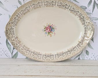 Vintage Taylor Smith Taylor Diana Platter 16 Inch Gold Trim Floral Serving Platter USA