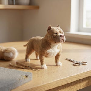 May include: A needle-felted tan and white dog figurine standing on a wooden surface. The dog has a muscular build, short ears, and a white chest and paws. Nearby are two thin wooden-handled felting needles and a pair of silver metal scissors.