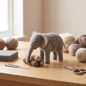 May include: A needle-felted gray elephant figurine standing on a wooden surface. The elephant has large ears and a trunk touching a small stack of three brown felted logs. Nearby are two metal needles, a gray foam block, and several yarn balls.