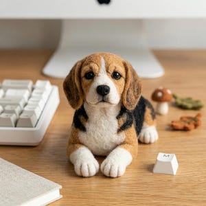 May include: A needle-felted beagle figurine featuring a tri-color coat of brown, black, and white wool. The small dog sculpture has floppy ears, dark eyes, and a black nose, depicted in a lying position with front paws extended forward.