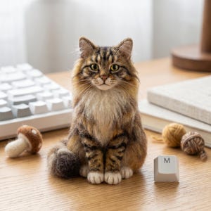 Op de afbeelding: Een naaldgevilte bruine en beige cyperse katfiguur met lang haar, witte borst en witte pootjes. De kat zit rechtop met gele ogen en donkere strepen. Naast de kat liggen een kleine gevilte paddenstoel, een witte toetsenbordtoets met de letter M en garen.