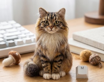 May include: A needle-felted brown and tan tabby cat figurine with long fur, white chest, and white paws. The cat sits upright with yellow eyes and dark stripes. Beside it are a small felted mushroom, a white keyboard key with the letter M, and yarn.